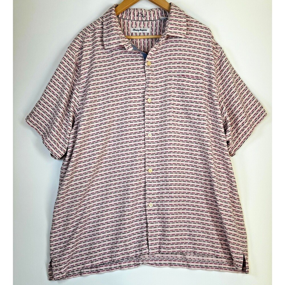 Tommy Bahama XXL Silk Shirt Pink Gray Striped Short Sleeve Button Front Resort